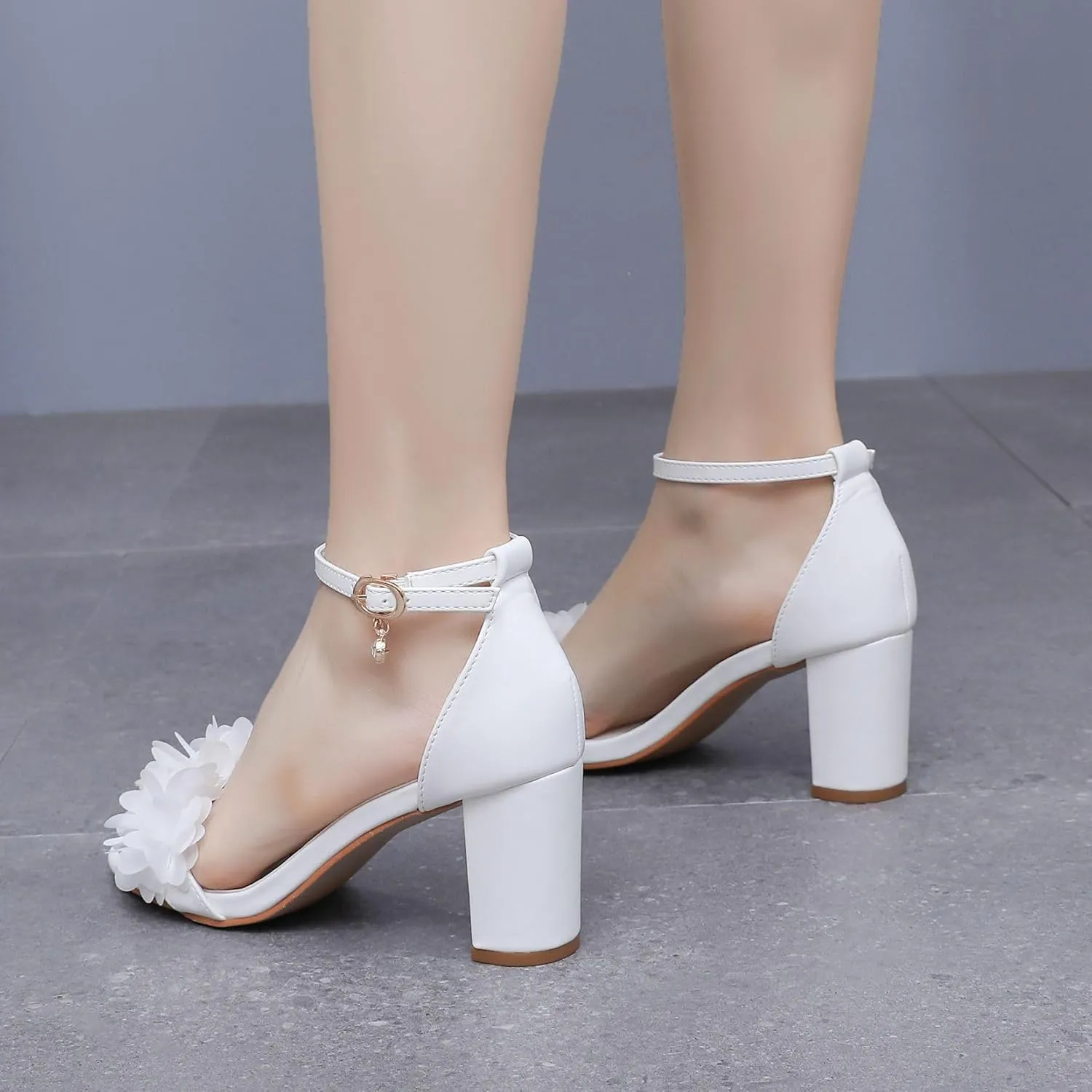 3 Inches White Women Flower Sandals Summer Wedding Shoes Bride Thick Heels Party Fashion Open Toe Pumps