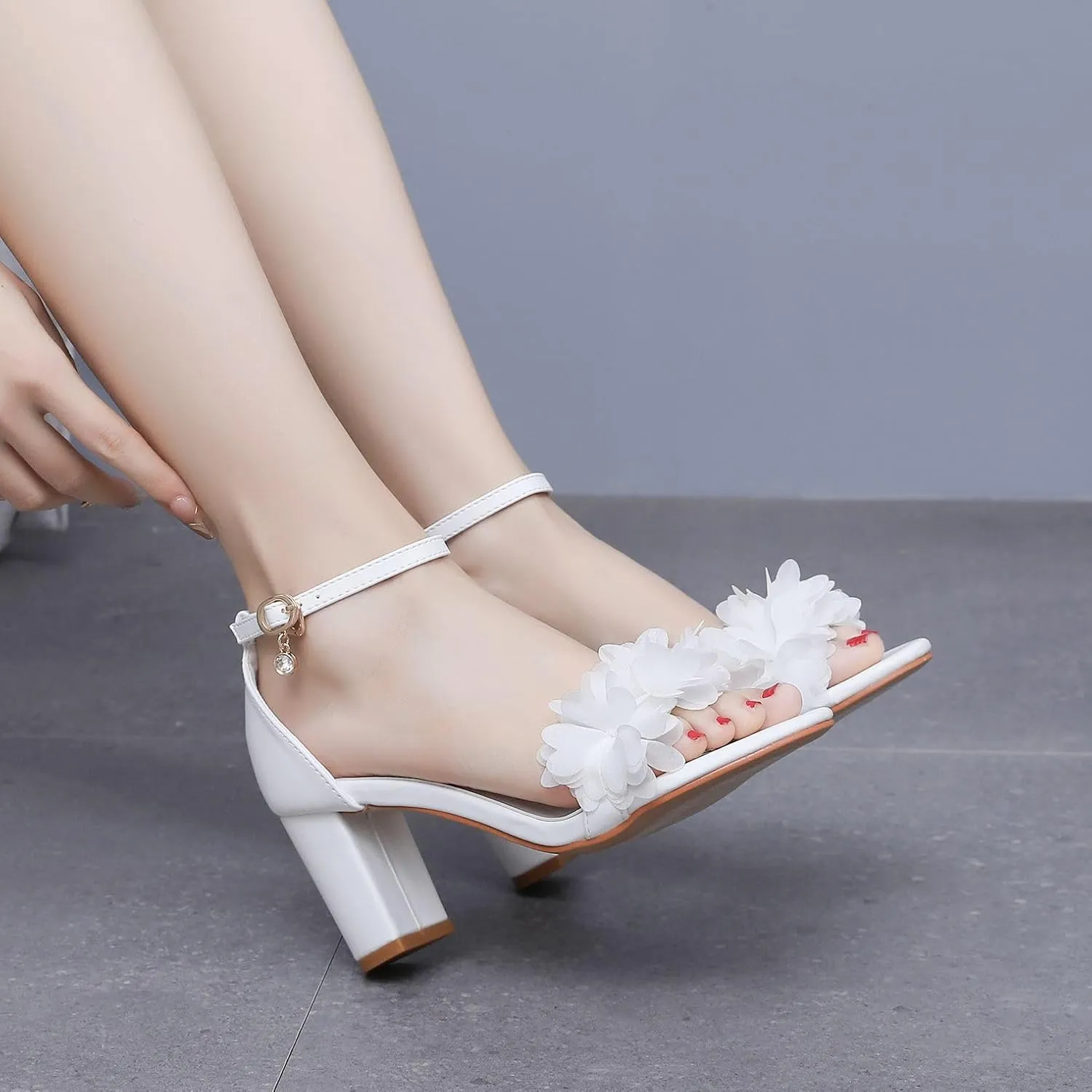 3 Inches White Women Flower Sandals Summer Wedding Shoes Bride Thick Heels Party Fashion Open Toe Pumps