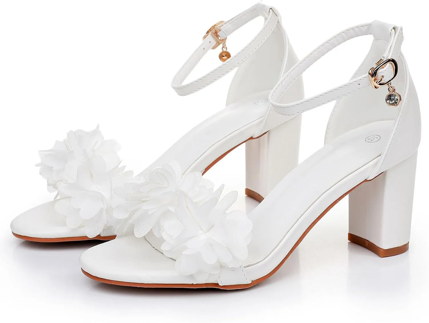 3 Inches White Women Flower Sandals Summer Wedding Shoes Bride Thick Heels Party Fashion Open Toe Pumps