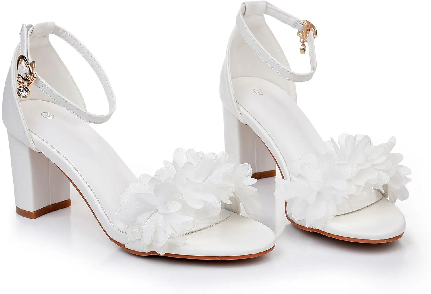 3 Inches White Women Flower Sandals Summer Wedding Shoes Bride Thick Heels Party Fashion Open Toe Pumps