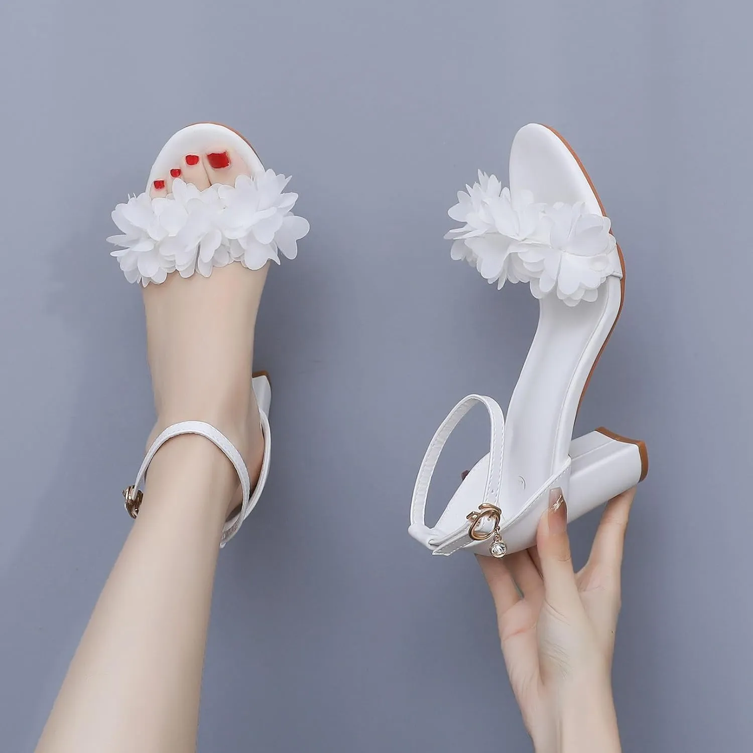 3 Inches White Women Flower Sandals Summer Wedding Shoes Bride Thick Heels Party Fashion Open Toe Pumps