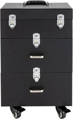 3-Tier Aluminum Alloy Rolling Makeup Case with 4 Wheel and Retractable Handle, Free Standing Cosmetics Storage Organizer Make-Up Station for Salons Homes Parties Black