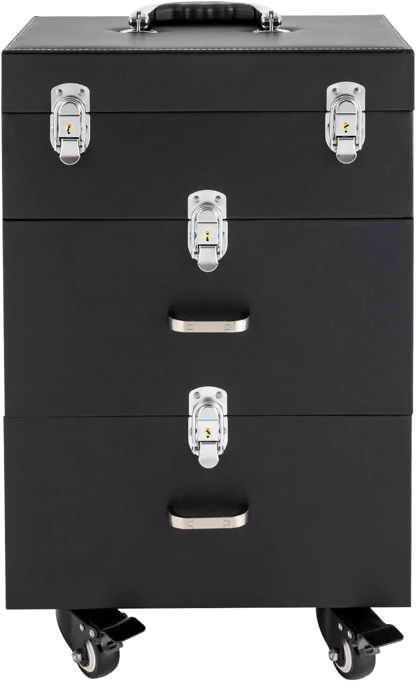 3-Tier Aluminum Alloy Rolling Makeup Case with 4 Wheel and Retractable Handle, Free Standing Cosmetics Storage Organizer Make-Up Station for Salons Homes Parties Black
