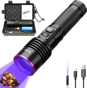 365nm Black Light UV Flashlight, Rechargeable Blacklight Flashlights, Powerful Ultraviolet Lights for Pet Urine Detection, Scorpion, Rock Hunting, AC Leak, & Resin Curing, with LCD Display