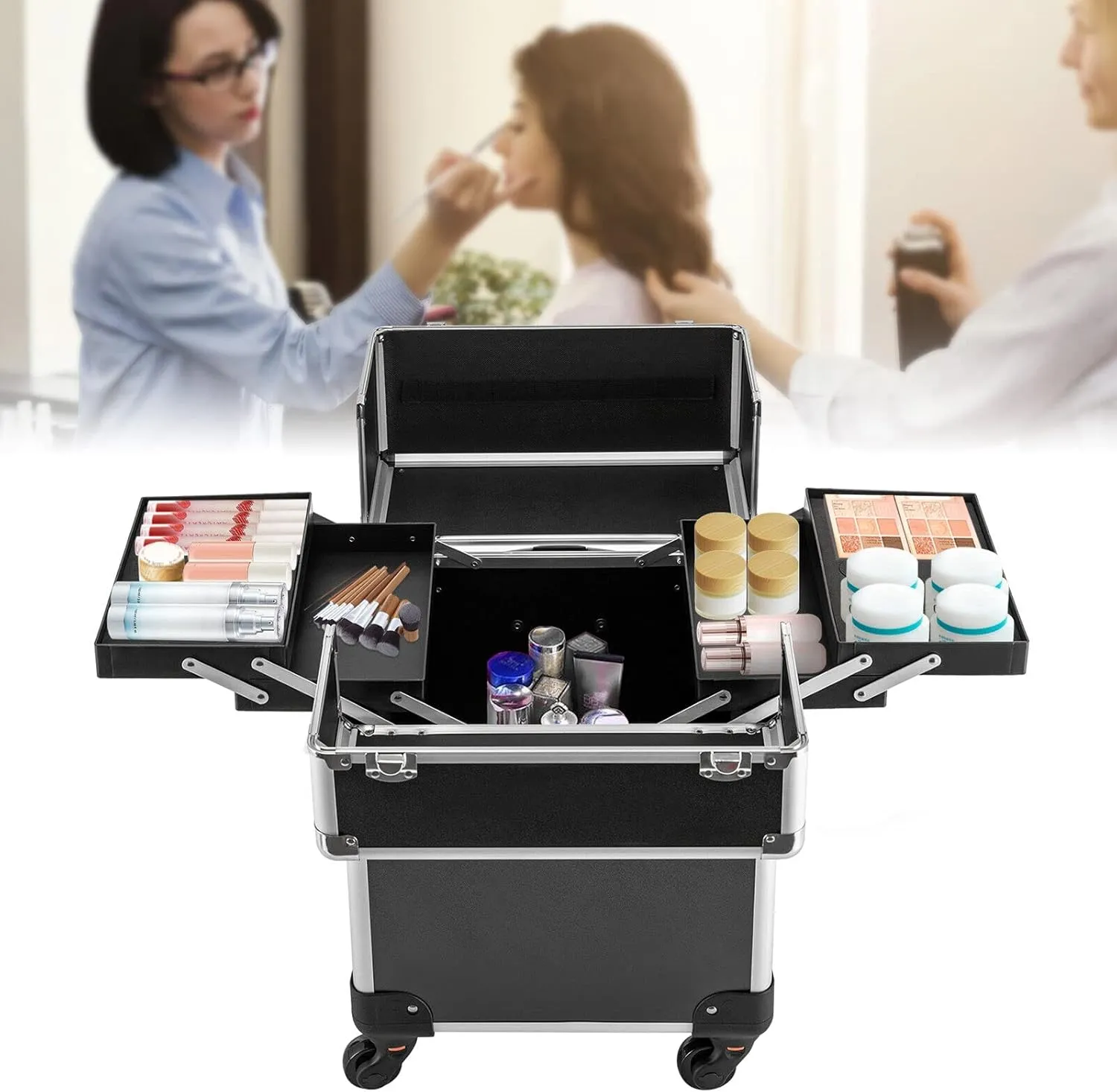 4 Layers Professional Travel Makeup Case Rolling Makeup Storage Organizer Portable Cosmetic Trolley Large Capacity Salon Barber Case with Swivel Wheels Trunk Makeup Storage Organizer Cart (black)