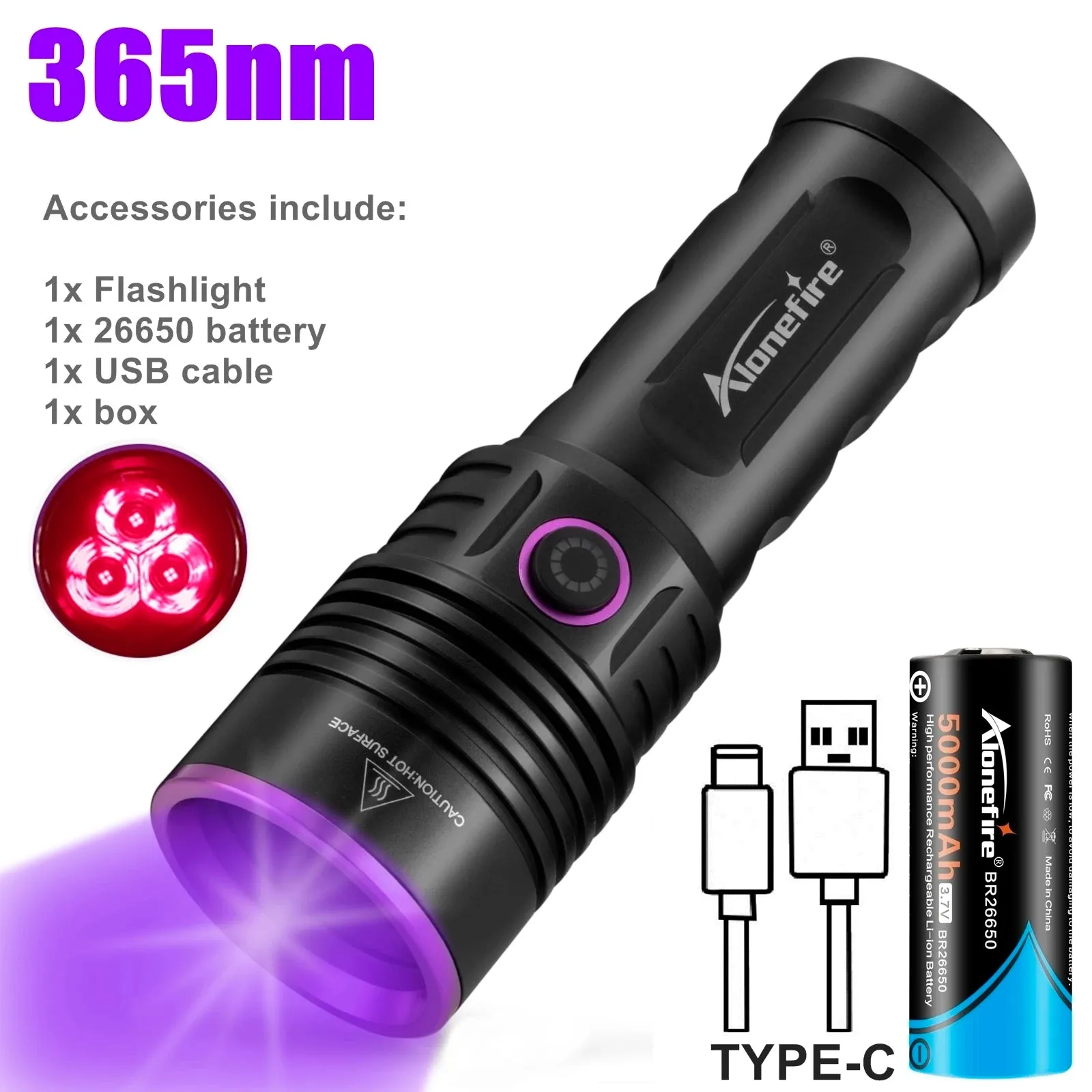 60W High Power UV Blacklight Flashlight 365nm Rechargeable for Stain Detection, Ore, Money, Scorpion, Fluorescent Curing, Pet Marker