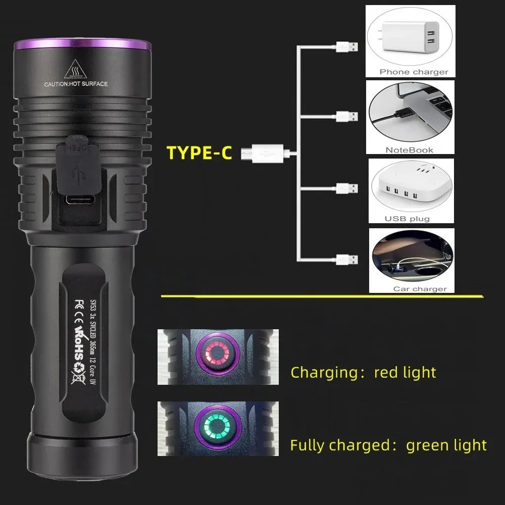 60W High Power UV Blacklight Flashlight 365nm Rechargeable for Stain Detection, Ore, Money, Scorpion, Fluorescent Curing, Pet Marker
