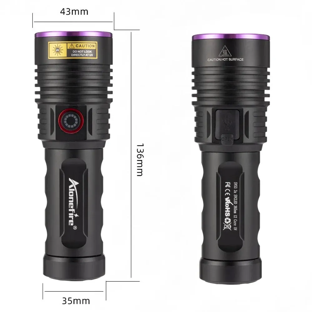 60W High Power UV Blacklight Flashlight 365nm Rechargeable for Stain Detection, Ore, Money, Scorpion, Fluorescent Curing, Pet Marker