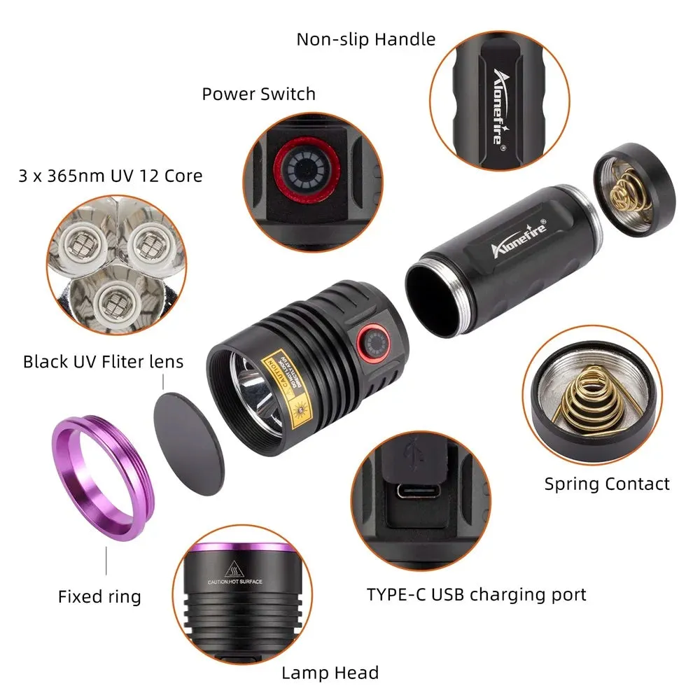 60W High Power UV Blacklight Flashlight 365nm Rechargeable for Stain Detection, Ore, Money, Scorpion, Fluorescent Curing, Pet Marker