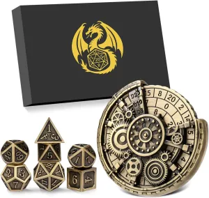 7-in-1 Gear Fingertip Gyro   7pcs Polyhedral Metal DND Dice Set, Metal Dice Set, DND Starter Set, D&D Gifts with Dragon Logo Gift Box, Tabletop Games, Role Playing Board Game Accessories, Bronze