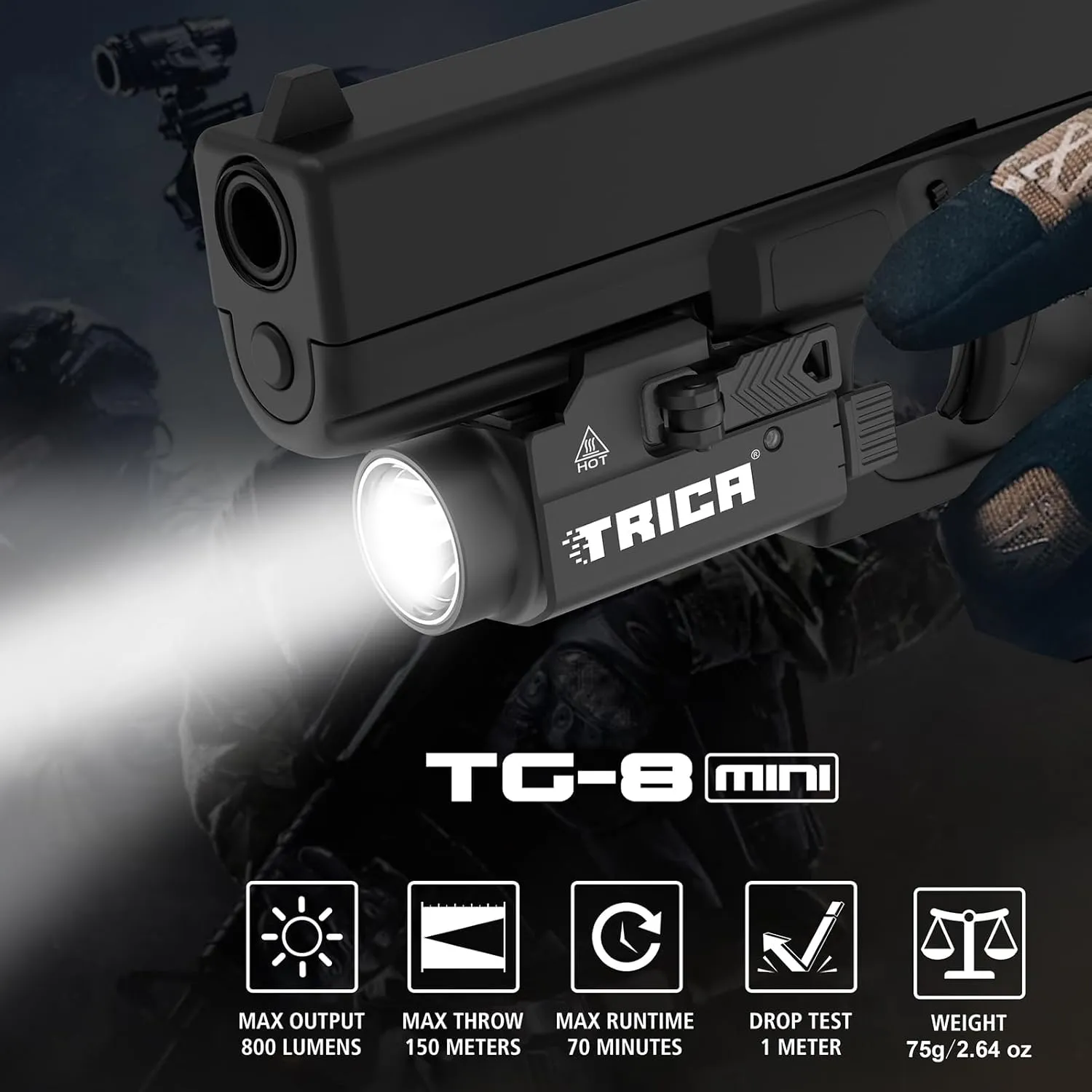 800 Lumens Compact Pistol Light, USB Rechargeable Rail-Mounted Tactical WeaponLight with Adjustable Rail, Quick Release Mini Handgun Flashlight Compatiable for 1913,GL Style Full Size and Compact Rail