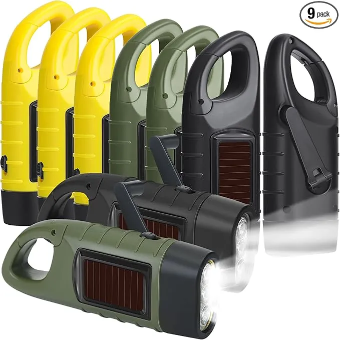 9 Pieces Hand Crank Solar Powered Flashlights, Emergency Rechargeable LED Flashlight Survival Flashlight Gear Self Powered Charging Torch for Outdoor Sports Hiking Camping, Green Yellow Black