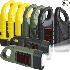 9 Pieces Hand Crank Solar Powered Flashlights, Emergency Rechargeable LED Flashlight Survival Flashlight Gear Self Powered Charging Torch for Outdoor Sports Hiking Camping, Green Yellow Black