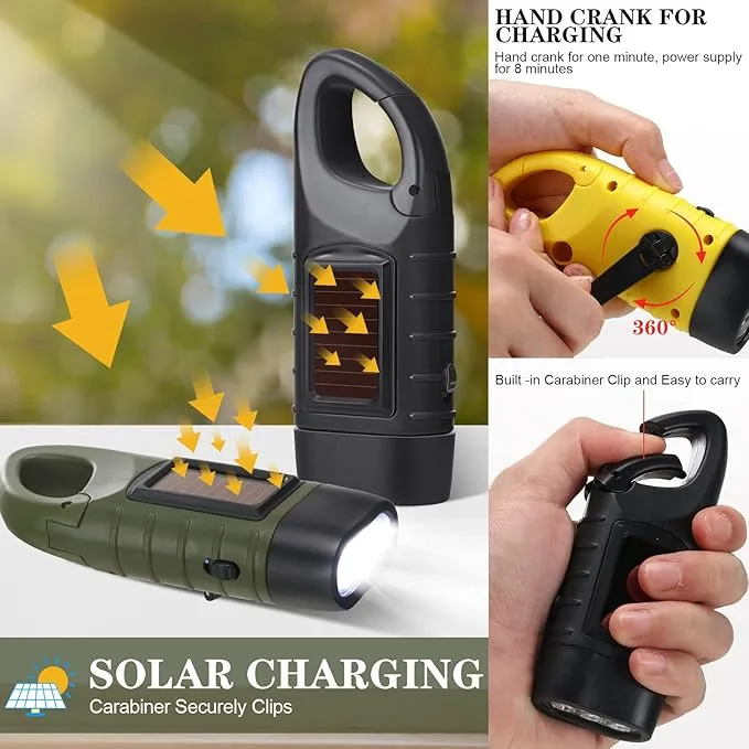 9 Pieces Hand Crank Solar Powered Flashlights, Emergency Rechargeable LED Flashlight Survival Flashlight Gear Self Powered Charging Torch for Outdoor Sports Hiking Camping, Green Yellow Black