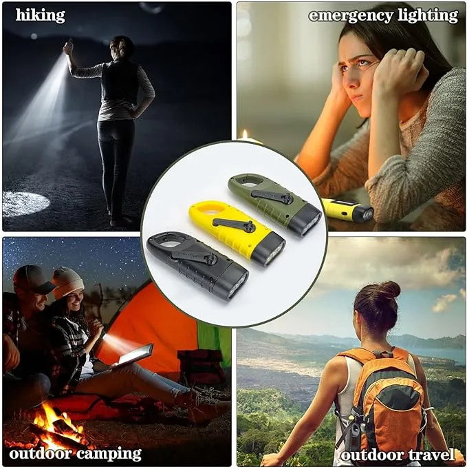 9 Pieces Hand Crank Solar Powered Flashlights, Emergency Rechargeable LED Flashlight Survival Flashlight Gear Self Powered Charging Torch for Outdoor Sports Hiking Camping, Green Yellow Black