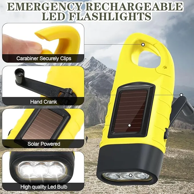 9 Pieces Hand Crank Solar Powered Flashlights, Emergency Rechargeable LED Flashlight Survival Flashlight Gear Self Powered Charging Torch for Outdoor Sports Hiking Camping, Green Yellow Black