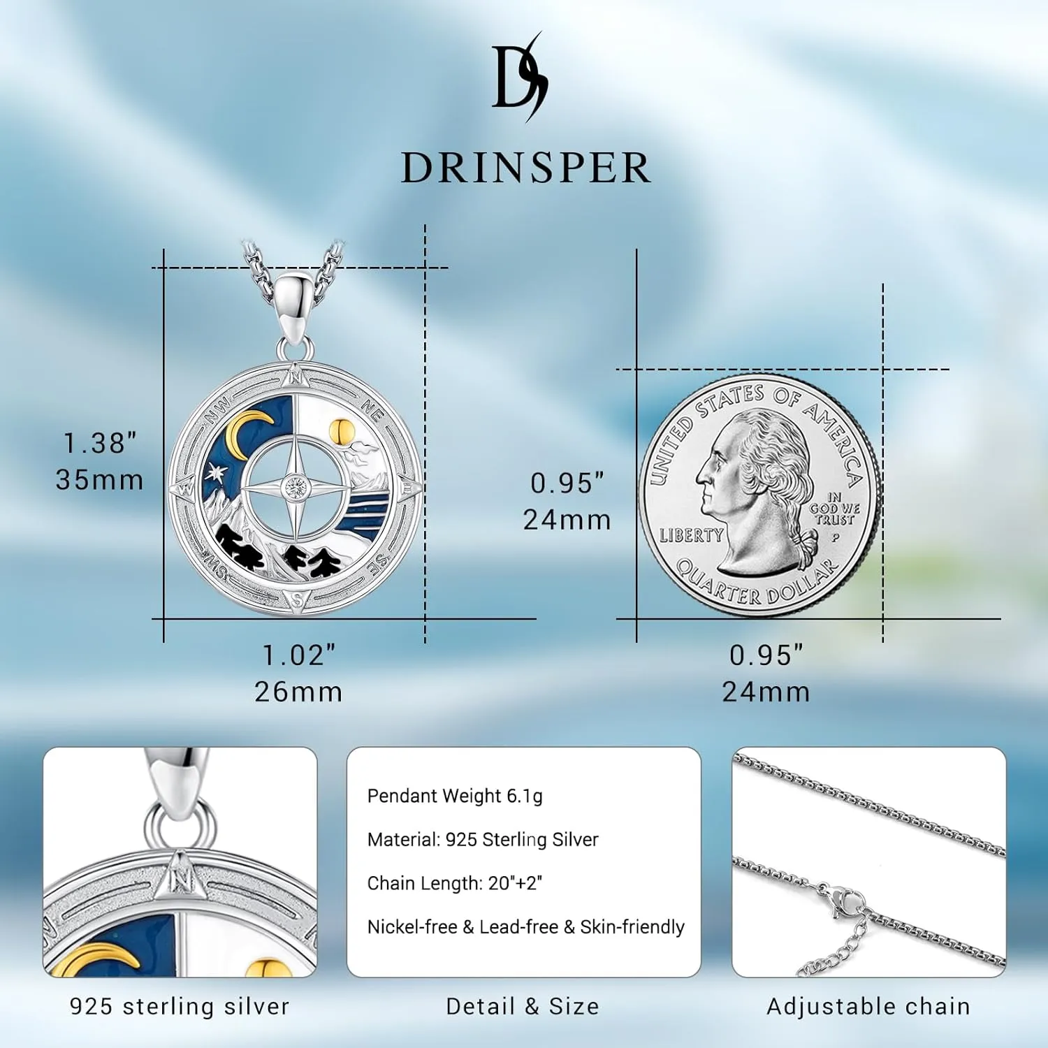 925 Sterling Silver Compass Necklace for Men Women Compass Pendant Christmas Gifts for Her Him Birthday Gifts 22 2‘’Stainless Steel Chain