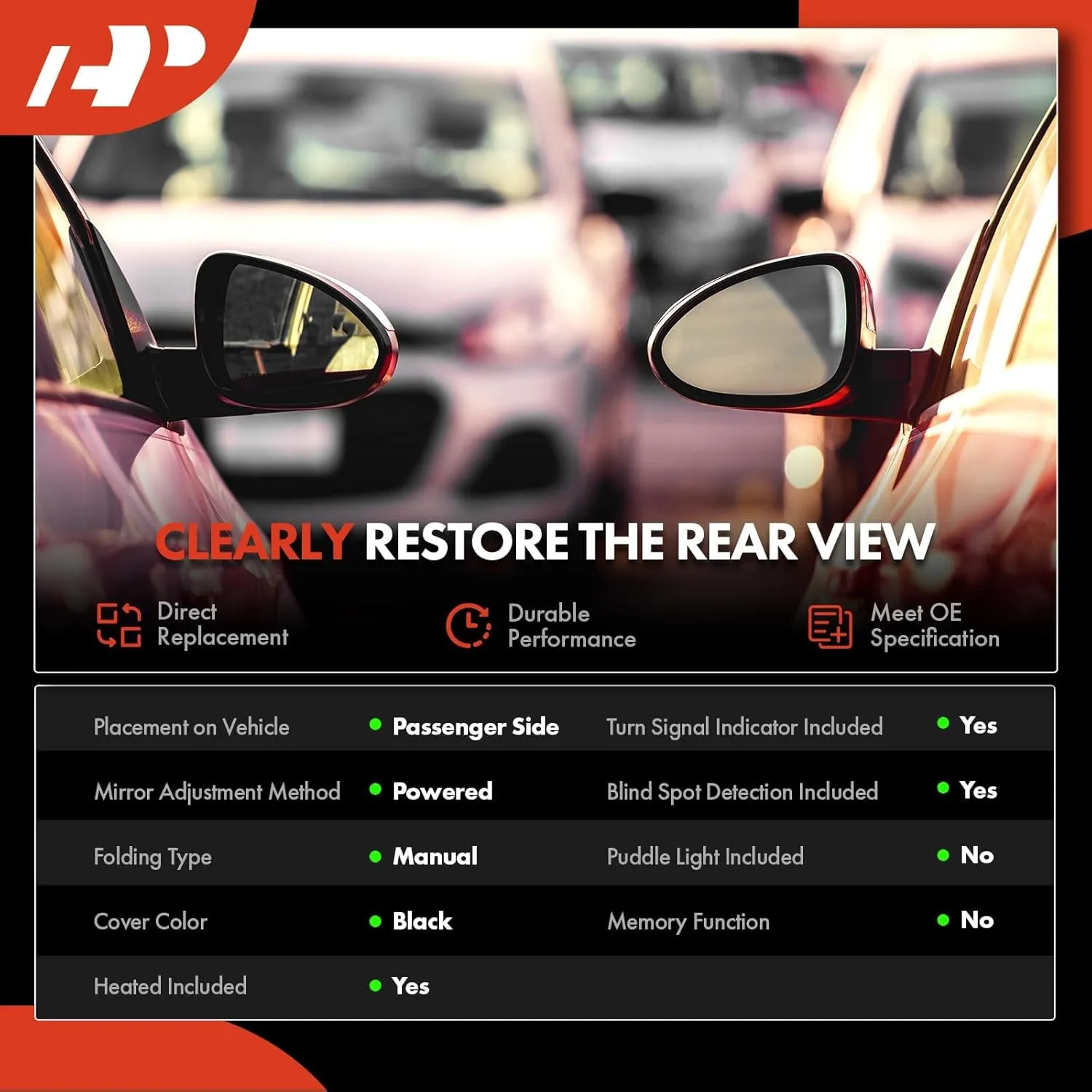 A-Premium Passenger Side Power Door Mirror - Compatible with Jeep Compass 2017-2022 - Heated Manual Folding Black Outside Rear View Mirror w/Turn Signal Blind Spot Detection