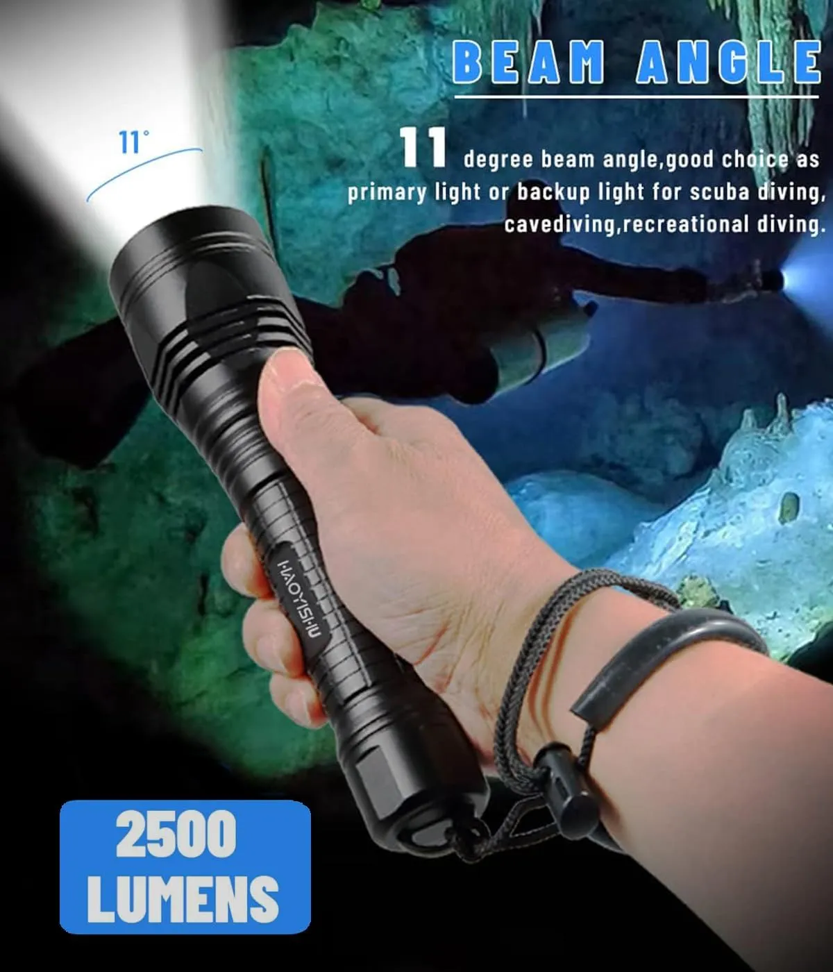 A70 Scuba Dive Light, 2500 Lumen Bright Diving Flashlight with 11 Degree Narrow Beam, IP68 Waterproof Underwater Flashlight 150 Meters Submersible Torch for Diving Snorkeling Caving