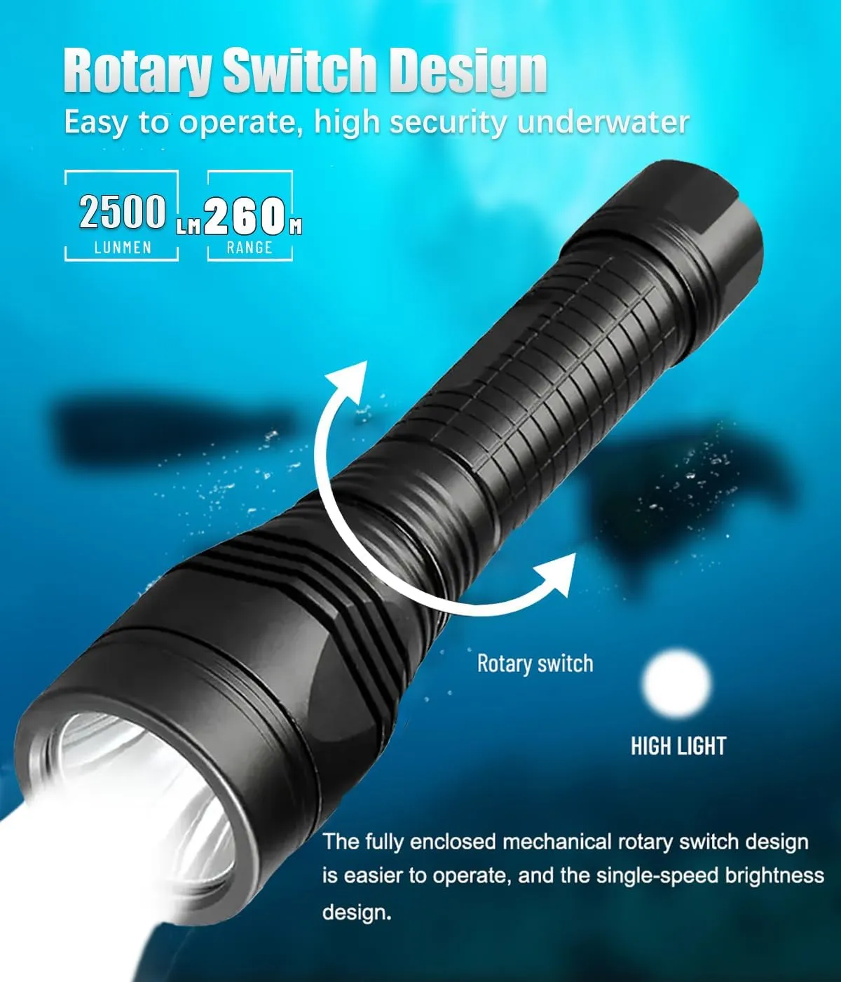 A70 Scuba Dive Light, 2500 Lumen Bright Diving Flashlight with 11 Degree Narrow Beam, IP68 Waterproof Underwater Flashlight 150 Meters Submersible Torch for Diving Snorkeling Caving
