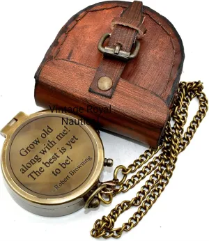 AASIYA Brass Nautical Pocket Compass with Chain and Leather Case for Travel Hiking Grow Old Along with Me! The Best is Yet to Be Quote Engravable Outdoor Compass