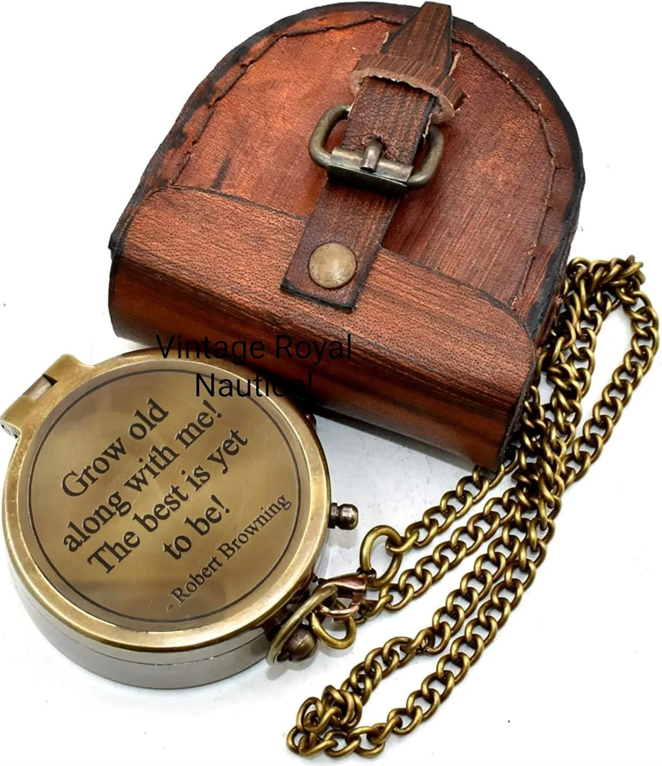AASIYA Brass Nautical Pocket Compass with Chain and Leather Case for Travel Hiking Grow Old Along with Me! The Best is Yet to Be Quote Engravable Outdoor Compass