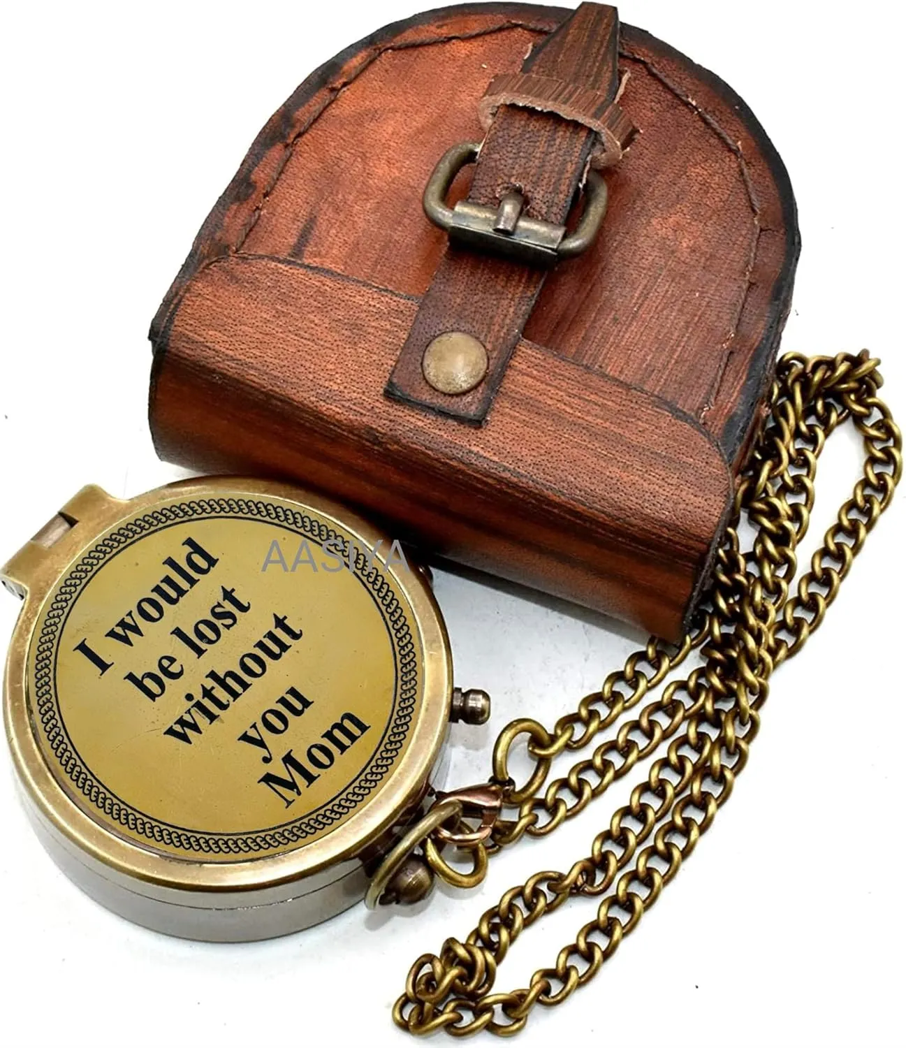 AASIYA Brass Nautical Pocket Compass with Chain and Leather Case for Travel Hiking I Would Be Lost Without You Mom Engravable Outdoor Compass