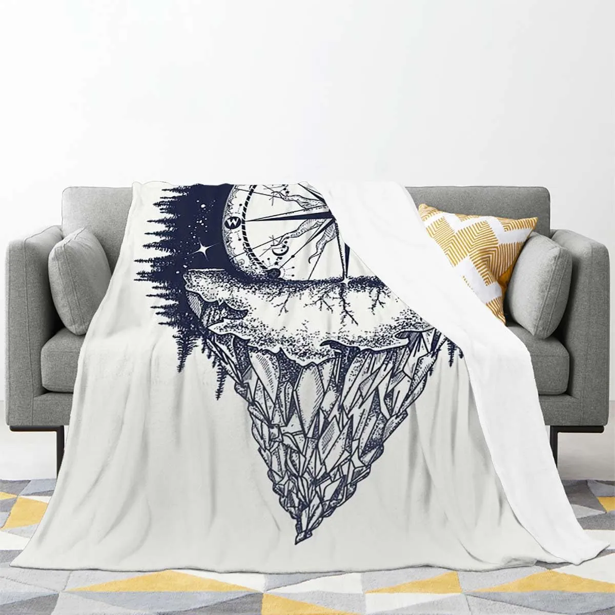 Abstract Fleece Blankets Flannel Queen Size Blanket for Bed Luxury Cozy Microfiber Plush Fuzzy Blanket, Antique Mountain Sea Compass Deep Blue 50x70 Inches