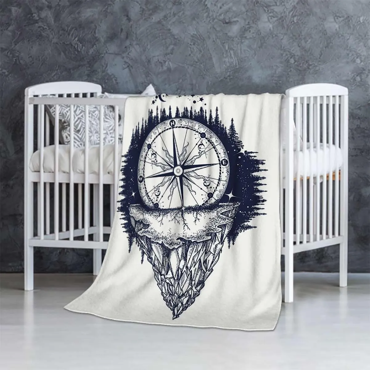 Abstract Fleece Blankets Flannel Queen Size Blanket for Bed Luxury Cozy Microfiber Plush Fuzzy Blanket, Antique Mountain Sea Compass Deep Blue 50x70 Inches