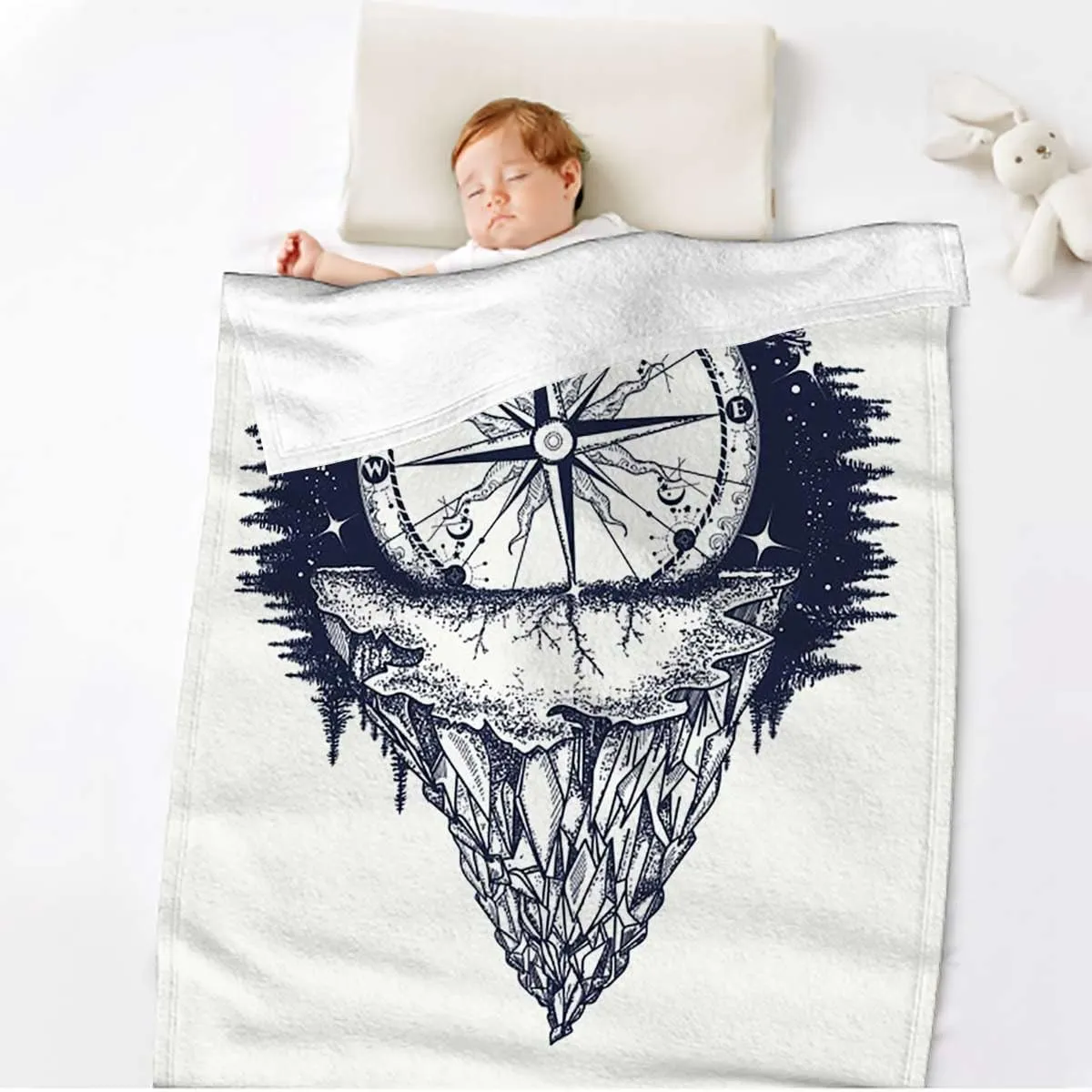 Abstract Fleece Blankets Flannel Queen Size Blanket for Bed Luxury Cozy Microfiber Plush Fuzzy Blanket, Antique Mountain Sea Compass Deep Blue 50x70 Inches