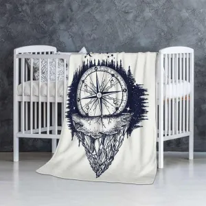 Abstract Fleece Blankets Flannel Queen Size Blanket for Bed Luxury Cozy Microfiber Plush Fuzzy Blanket, Antique Mountain Sea Compass Deep Blue 50x70 Inches