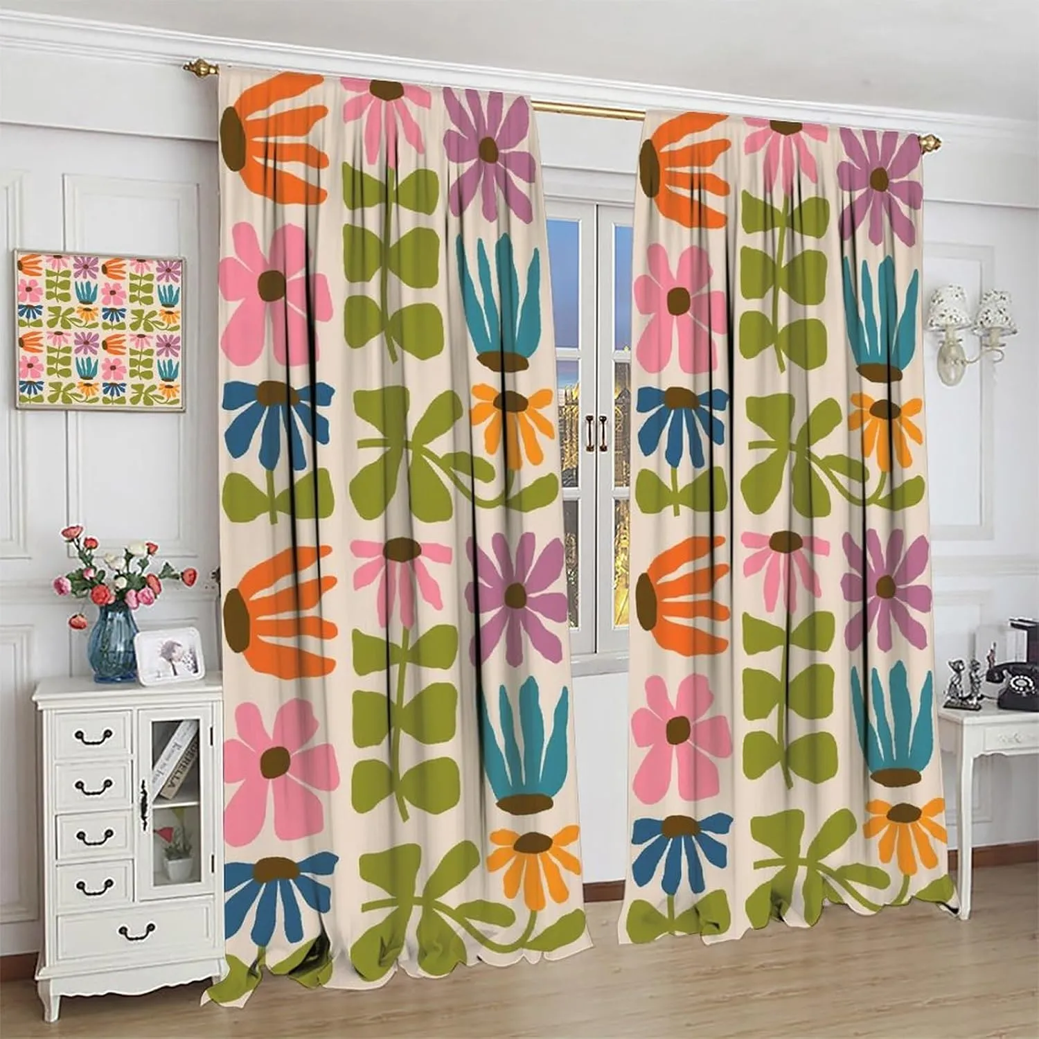Abstract Retro Bohemia Floral Blackout Window Curtains, 60S 70S Vintage Boho Flowers Style Curtains, for Living Room Bedroom 21(W)*63(L) 2 Panels