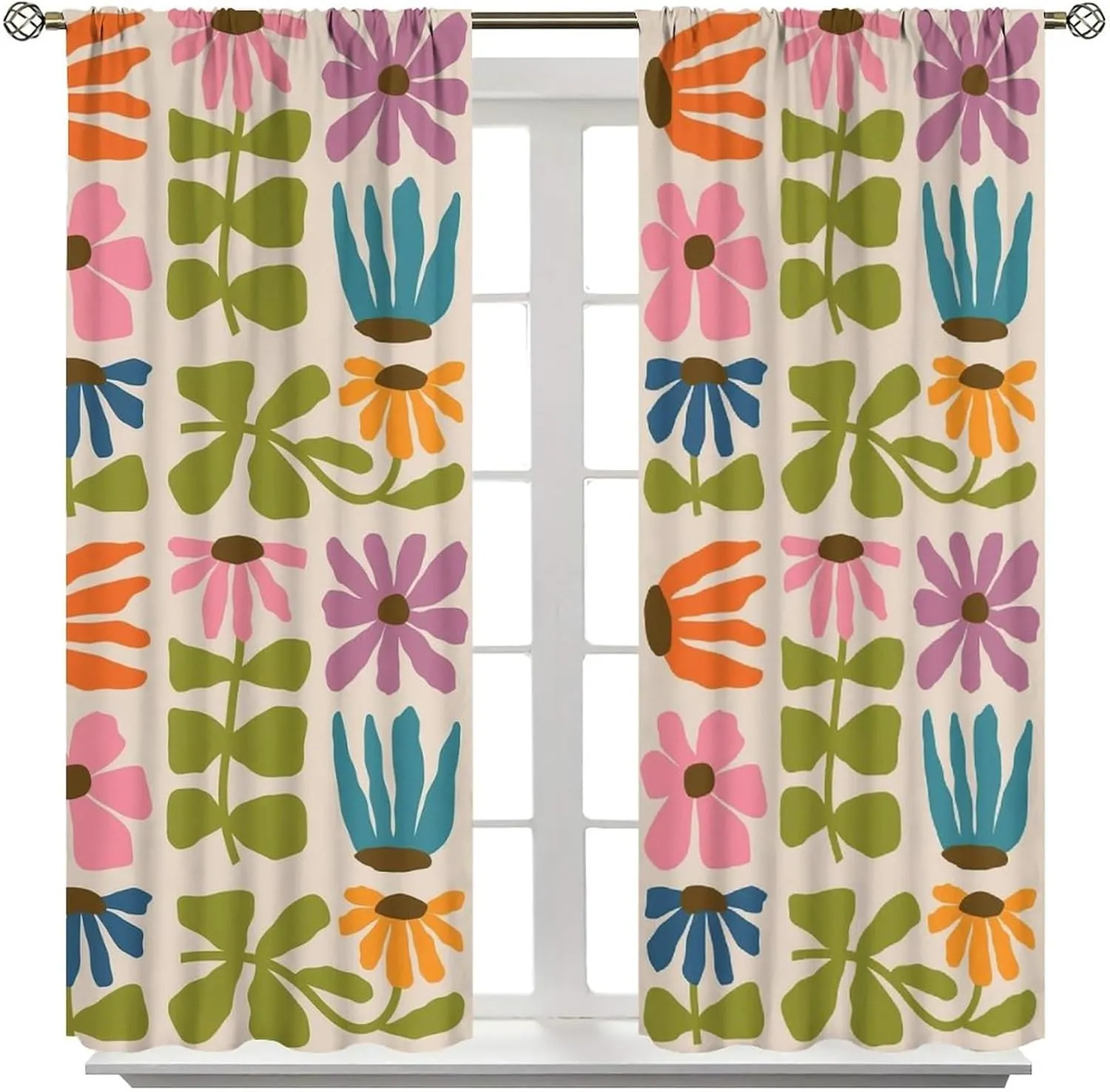 Abstract Retro Bohemia Floral Blackout Window Curtains, 60S 70S Vintage Boho Flowers Style Curtains, for Living Room Bedroom 21(W)*63(L) 2 Panels