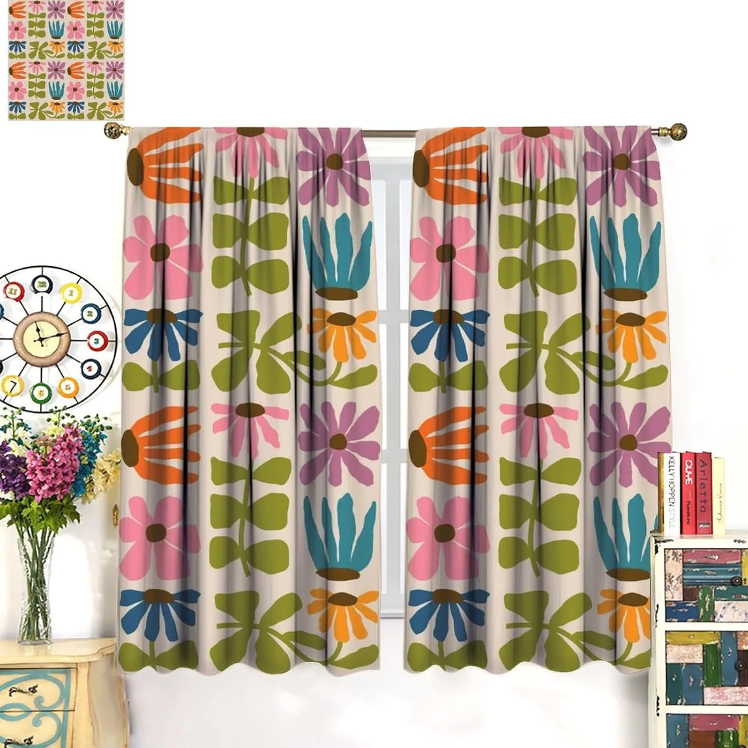 Abstract Retro Bohemia Floral Blackout Window Curtains, 60S 70S Vintage Boho Flowers Style Curtains, for Living Room Bedroom 21(W)*63(L) 2 Panels