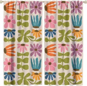 Abstract Retro Bohemia Floral Blackout Window Curtains, 60S 70S Vintage Boho Flowers Style Curtains, for Living Room Bedroom 21(W)*63(L) 2 Panels