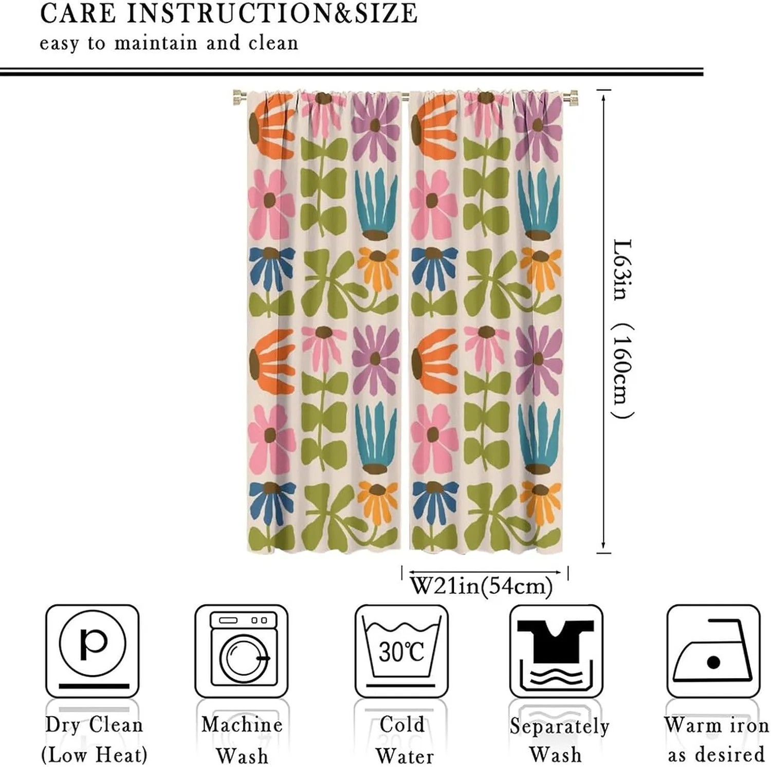 Abstract Retro Bohemia Floral Blackout Window Curtains, 60S 70S Vintage Boho Flowers Style Curtains, for Living Room Bedroom 21(W)*63(L) 2 Panels