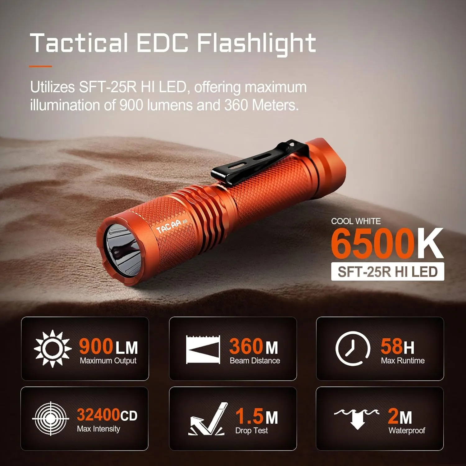 ACEBEAM TAC AA 2.0 Longest-Range AA Flashlight 360 Meters, 900 High Lumens Tactical EDC Flashlight Rechargeable, 6 Modes Pocket LED Super Bright Small Mini Flashlight for Camping, Home(SFT-25R HI)