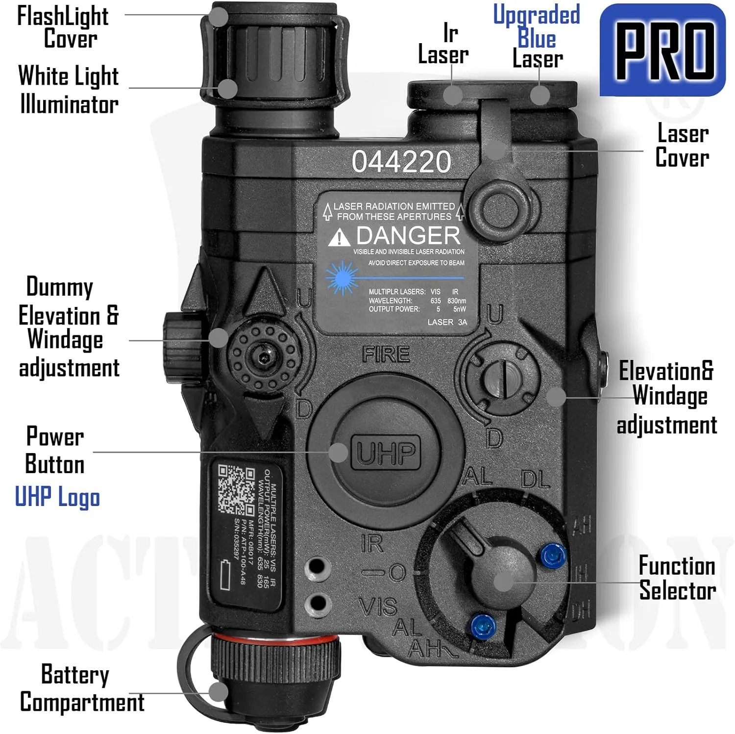 ACTIONUNION Airsoft PEQ-15S Pro UHP Visible Blue Laser   IR Laser   White LED Flashlight