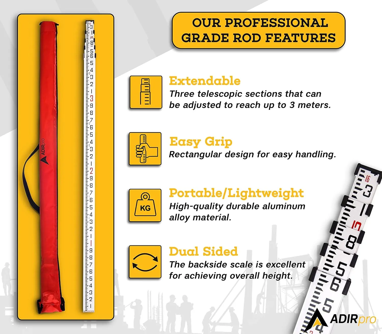 AdirPro 16-Foot Aluminum Grade Rod - 10ths, Dual Sided 5-Section Telescopic Leveling Rod – Bubble Level and Soft Carrying Case Included