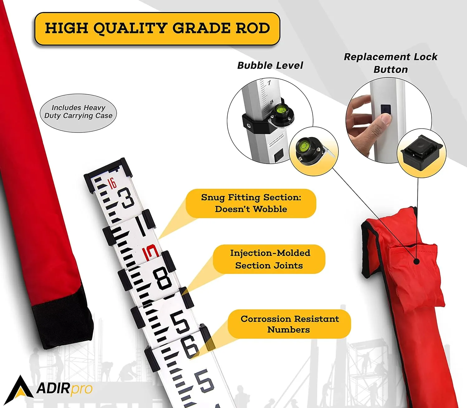AdirPro 16-Foot Aluminum Grade Rod - 10ths, Dual Sided 5-Section Telescopic Leveling Rod – Bubble Level and Soft Carrying Case Included