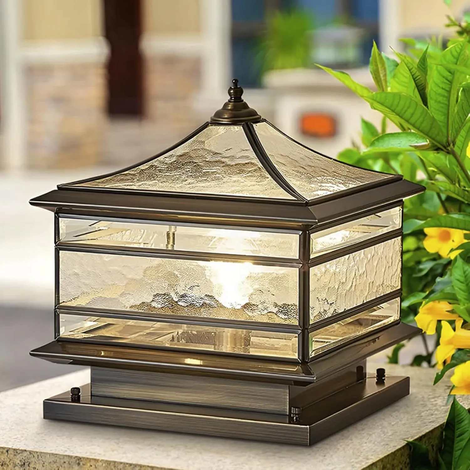 All Copper Steel Glass Outdoor Post lights, Waterproof Pillar Light, Vintage Patio Lawn Column Lamp,outdoor column lights,Deck Lights, Lantern Fence Lamp Fixture E26 Base (Wiring E26 Base, 16X16in)