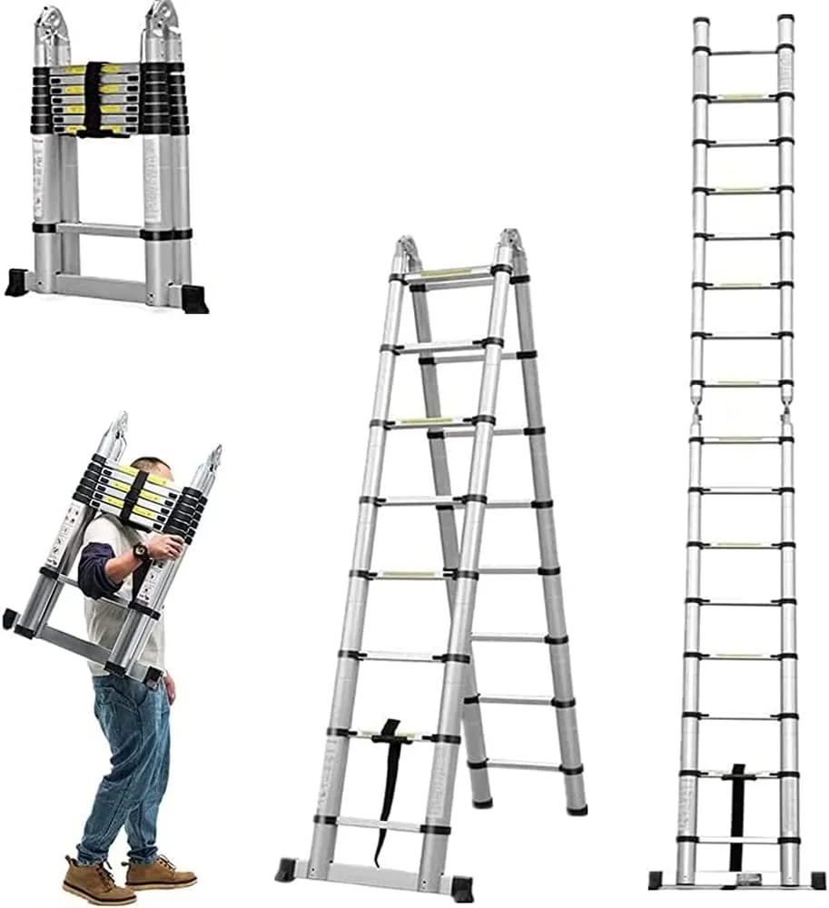 Aluminum Telescopic Extension Ladder 8.2FT A-Frame 2-in-1,Portable Multi-Purpose Folding with Balance Rod,8 8 Steps Adjustable Height,16.4FT in Straight Collapsible Ladder,330lbs Load