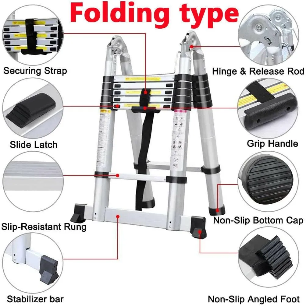 Aluminum Telescopic Extension Ladder 8.2FT A-Frame 2-in-1,Portable Multi-Purpose Folding with Balance Rod,8 8 Steps Adjustable Height,16.4FT in Straight Collapsible Ladder,330lbs Load