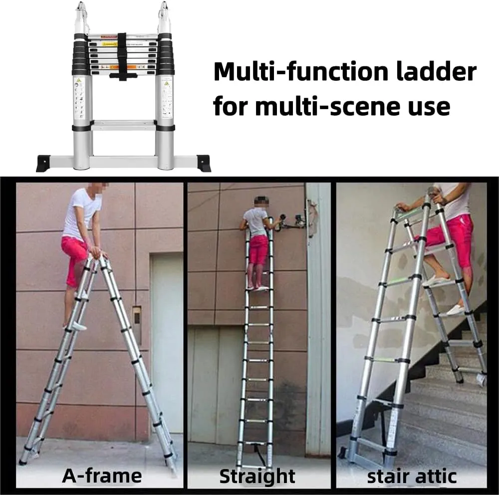 Aluminum Telescopic Extension Ladder 8.2FT A-Frame 2-in-1,Portable Multi-Purpose Folding with Balance Rod,8 8 Steps Adjustable Height,16.4FT in Straight Collapsible Ladder,330lbs Load