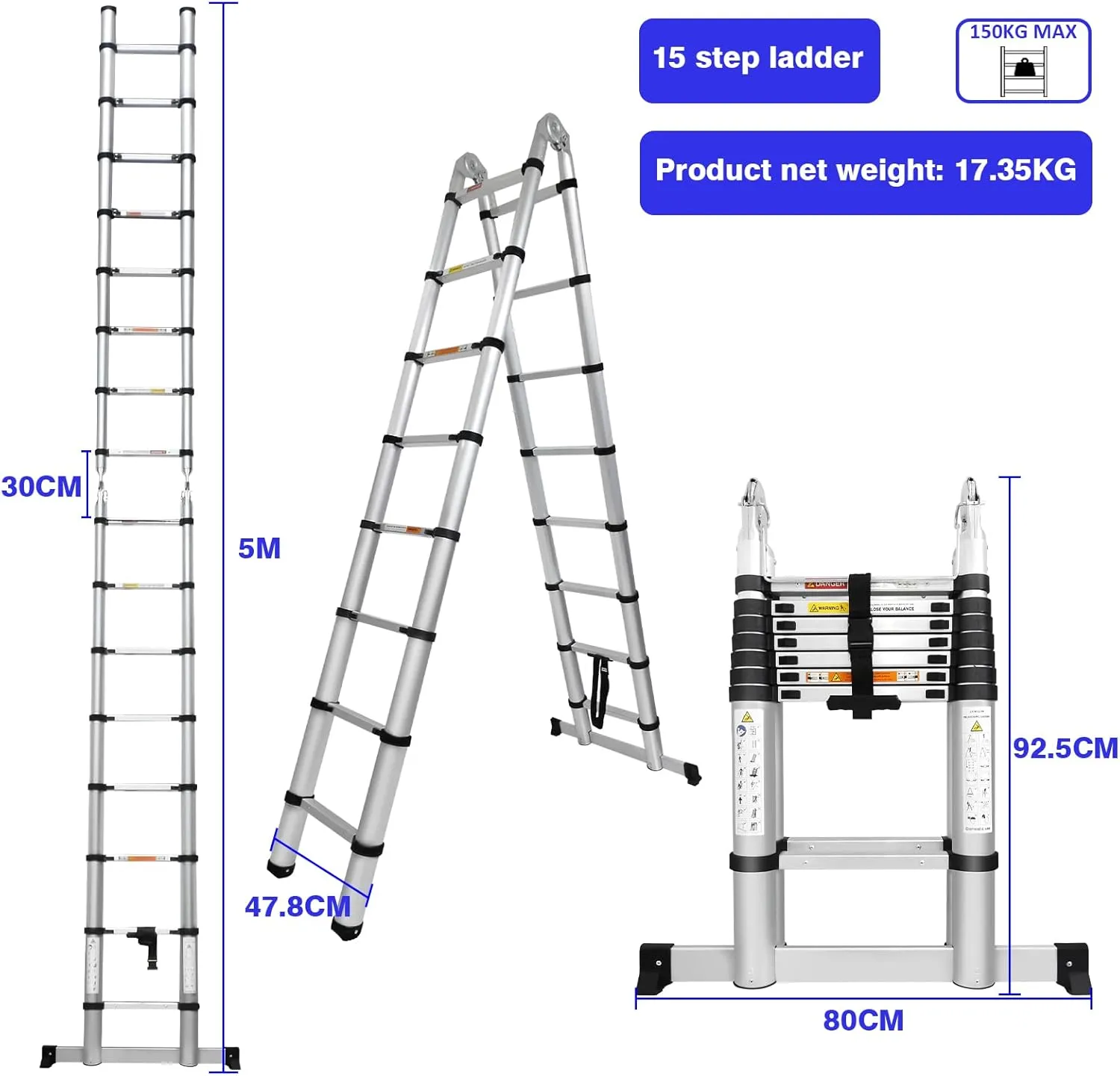Aluminum Telescopic Extension Ladder 8.2FT A-Frame 2-in-1,Portable Multi-Purpose Folding with Balance Rod,8 8 Steps Adjustable Height,16.4FT in Straight Collapsible Ladder,330lbs Load
