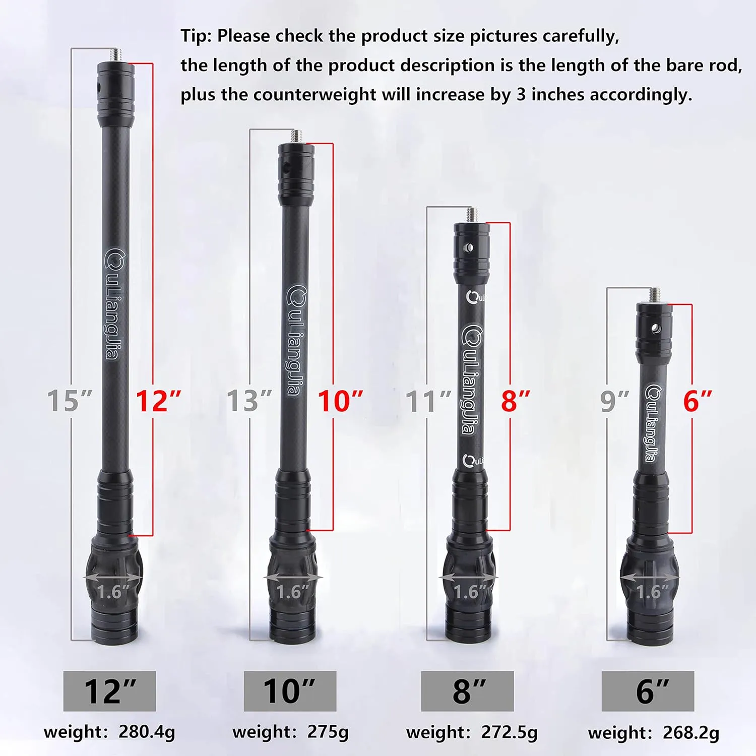 AMEYXGS Archery Bow Stabilizer 6" 8" 10" 12" Rod Balance Bar with Damping System and Weights Shock Absorber for Compound Bow Archery Accessory