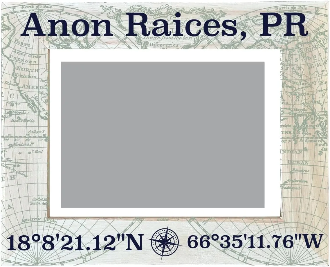 Anon Raices Puerto Rico Souvenir Wooden Photo Frame Compass Coordinates Design Matted to 4 x 6"