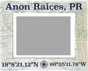Anon Raices Puerto Rico Souvenir Wooden Photo Frame Compass Coordinates Design Matted to 4 x 6"