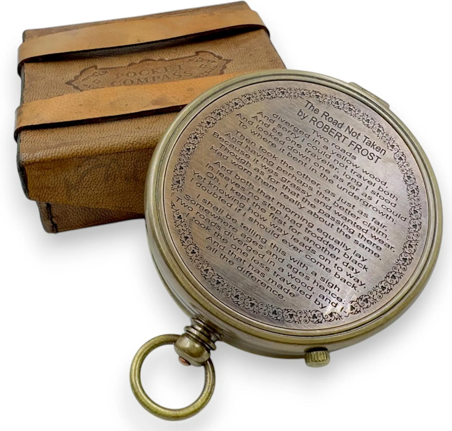Antique Brass Compass – Robert Frost Poem Engraved, Inspirational Gift for Boys & Girls, Christian Catholic Communion, Confirmation, Birthday, Graduation, Retirement, Sentimental Gift with Case