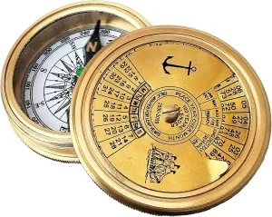 Antique Brass Finish Traveler's Pocket Poam Compass with a 100 -Year Calendar and Nautical Retro Style is a Useful Navigation Tool for Travelers.